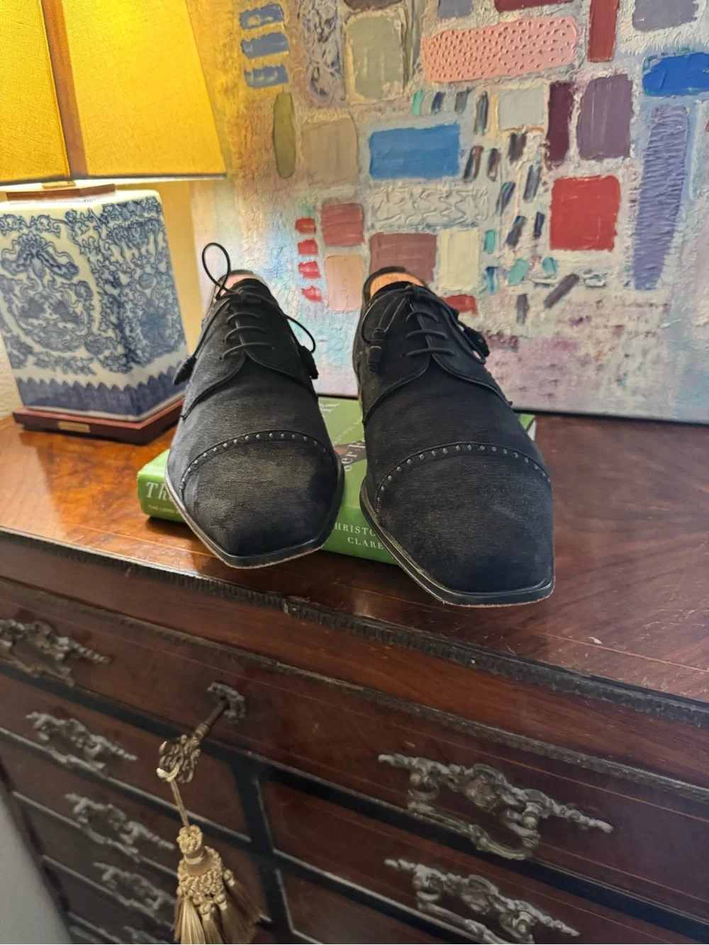 Rare Mezlan Black Suede Cap Toe Oxfords With Elongated Soft Chisel Toe 11.5 D